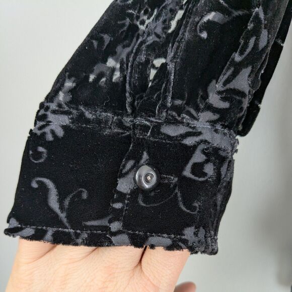 Vtg Lauren Ralph Lauren Velvet Top L Black Shirt Silk Sheer Button Whimsigoth - Picture 8 of 10
